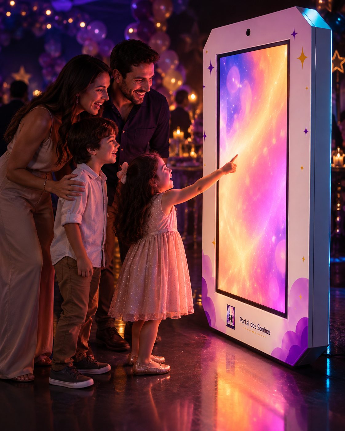 Família com duas crianças diante do portal iluminado numa festa